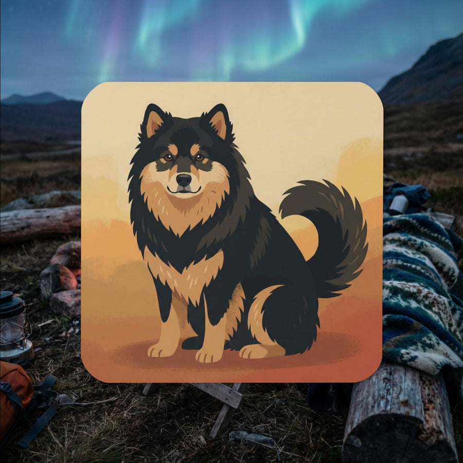 Finnish Lapphund illustrated cork-back coaster with warm sunset tones and cozy design