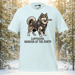 Finnish Lapphund warrior illustration wearing Nordic armor on a graphic t-shirt