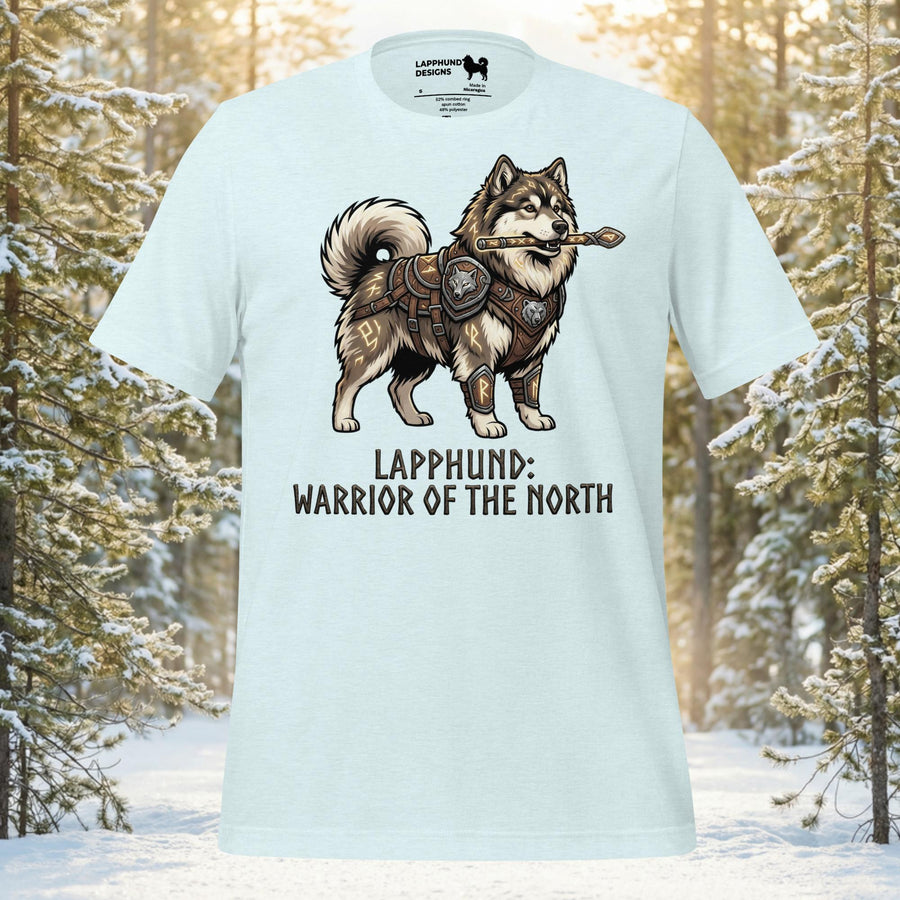Finnish Lapphund warrior illustration wearing Nordic armor on a graphic t-shirt