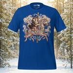 Finnish Lapphund illustrated riding a decorative carousel horse with flowing ribbons and ornate fantasy details in a whimsical fairground design on a graphic t-shirt