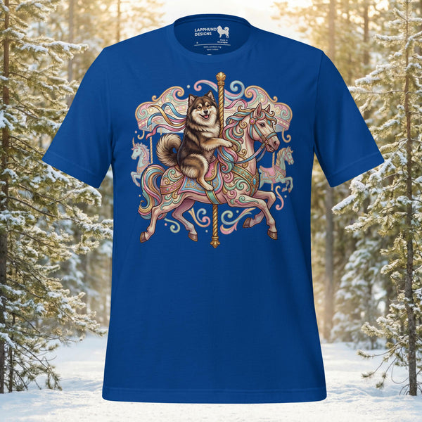 Finnish Lapphund illustrated riding a decorative carousel horse with flowing ribbons and ornate fantasy details in a whimsical fairground design on a graphic t-shirt