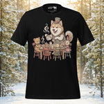 Finnish Lapphund illustrated hosting a whimsical tea party with tiny chairs, teacups, and playful guests in a cozy storybook scene on a graphic t-shirt