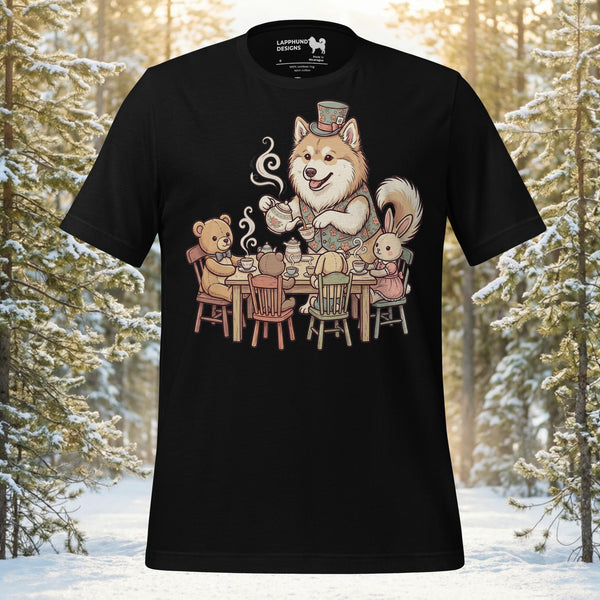 Finnish Lapphund illustrated hosting a whimsical tea party with tiny chairs, teacups, and playful guests in a cozy storybook scene on a graphic t-shirt