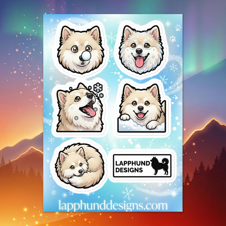 Finnish Lapphund winter joy sticker sheet featuring snowy smiles, fluffy coats, and cozy cold-weather expressions