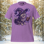 Finnish Lapphund illustrated as a wizard wearing a pointed hat and holding a spellbook surrounded by magical elements on a graphic t-shirt
