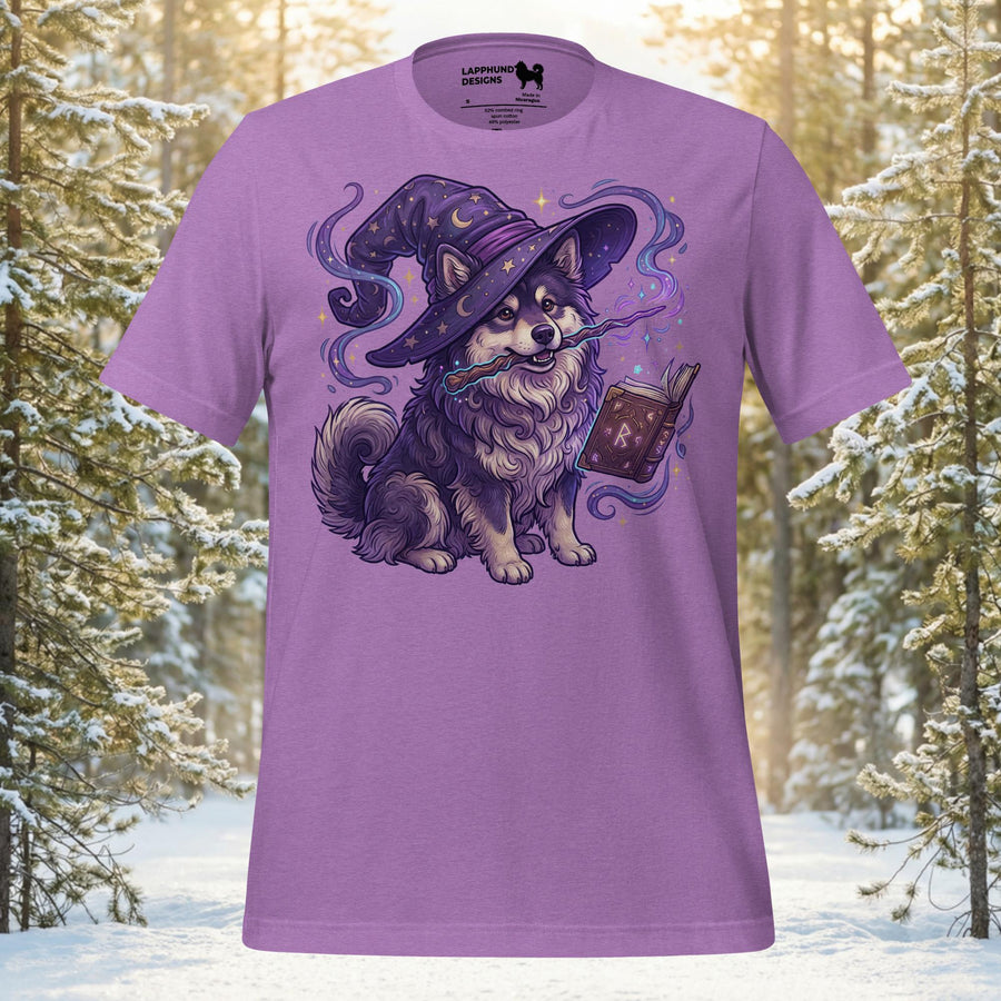 Finnish Lapphund illustrated as a wizard wearing a pointed hat and holding a spellbook surrounded by magical elements on a graphic t-shirt