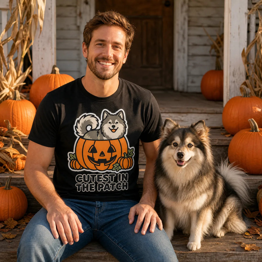 A man in a Cutest in the Patch Halloween tee on a pumpkin-lined porch with his wolf sable Finnish Lapphund