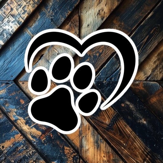 Paw Print Heart die-cut vinyl sticker, perfect for expressing dog lover pride on water bottles, laptops, and cars.