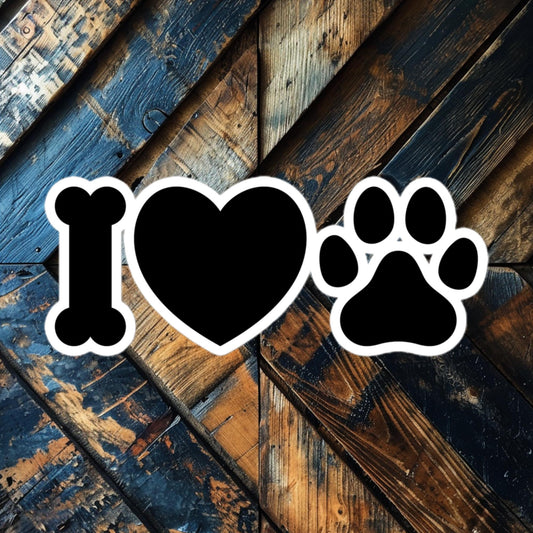 I Love Paw vinyl sticker featuring a bone, heart, and paw design, perfect for dog lovers.