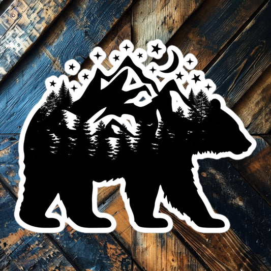 Bear Mountain Adventure vinyl sticker featuring a bear silhouette filled with mountains and stars, perfect for outdoor lovers and adventurers.