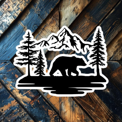 Bear Mountain Wilderness vinyl sticker featuring a bear, trees, and mountain scene, perfect for outdoor adventurers.