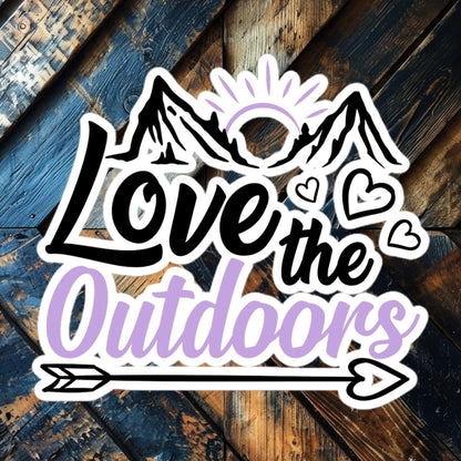 Love the Outdoors vinyl sticker featuring mountains, hearts, and arrows, perfect for nature lovers and adventurers.