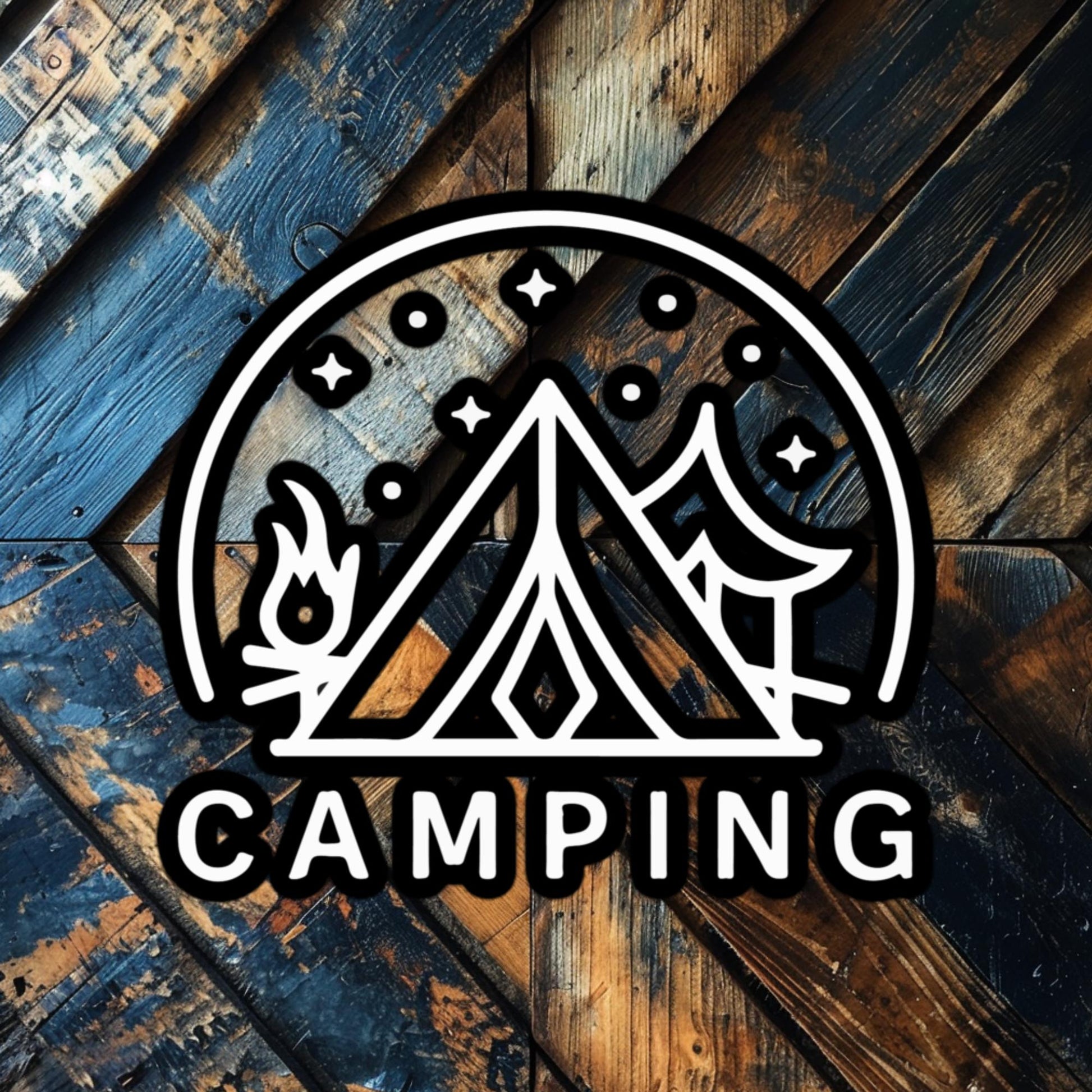 Camping Adventure vinyl sticker featuring a tent, campfire, and starry night, perfect for outdoor enthusiasts and campers.