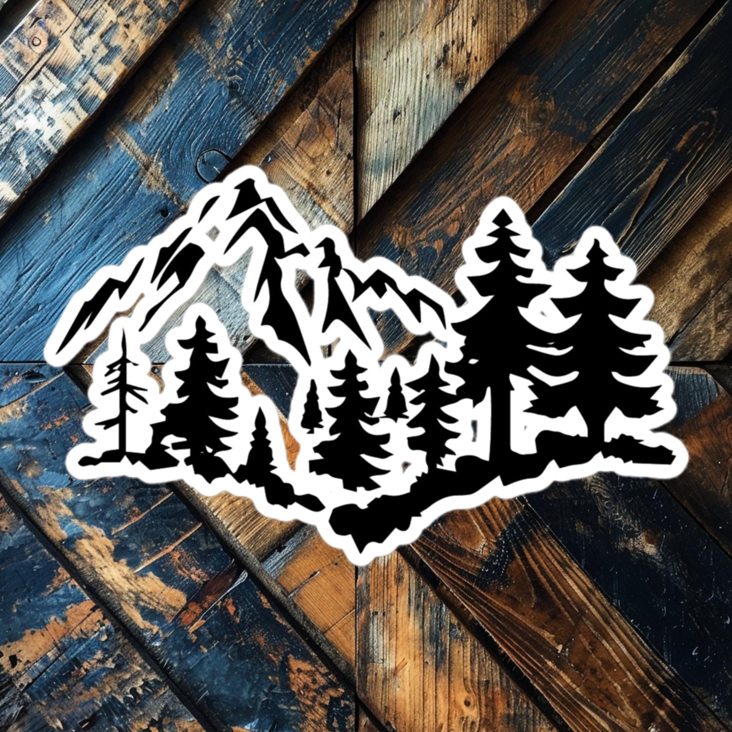 Mountain and Pine Trees vinyl sticker featuring towering pines and rugged mountain peaks, perfect for nature lovers and adventurers.