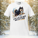 Live Like the Gate Was Left Open t-shirt featuring a Finnish Lapphund in an energetic outdoor design