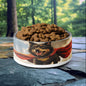 32oz dog bowl featuring Finnish Lapphund superhero design, perfect for adventurous pet owners who enjoy the outdoors.