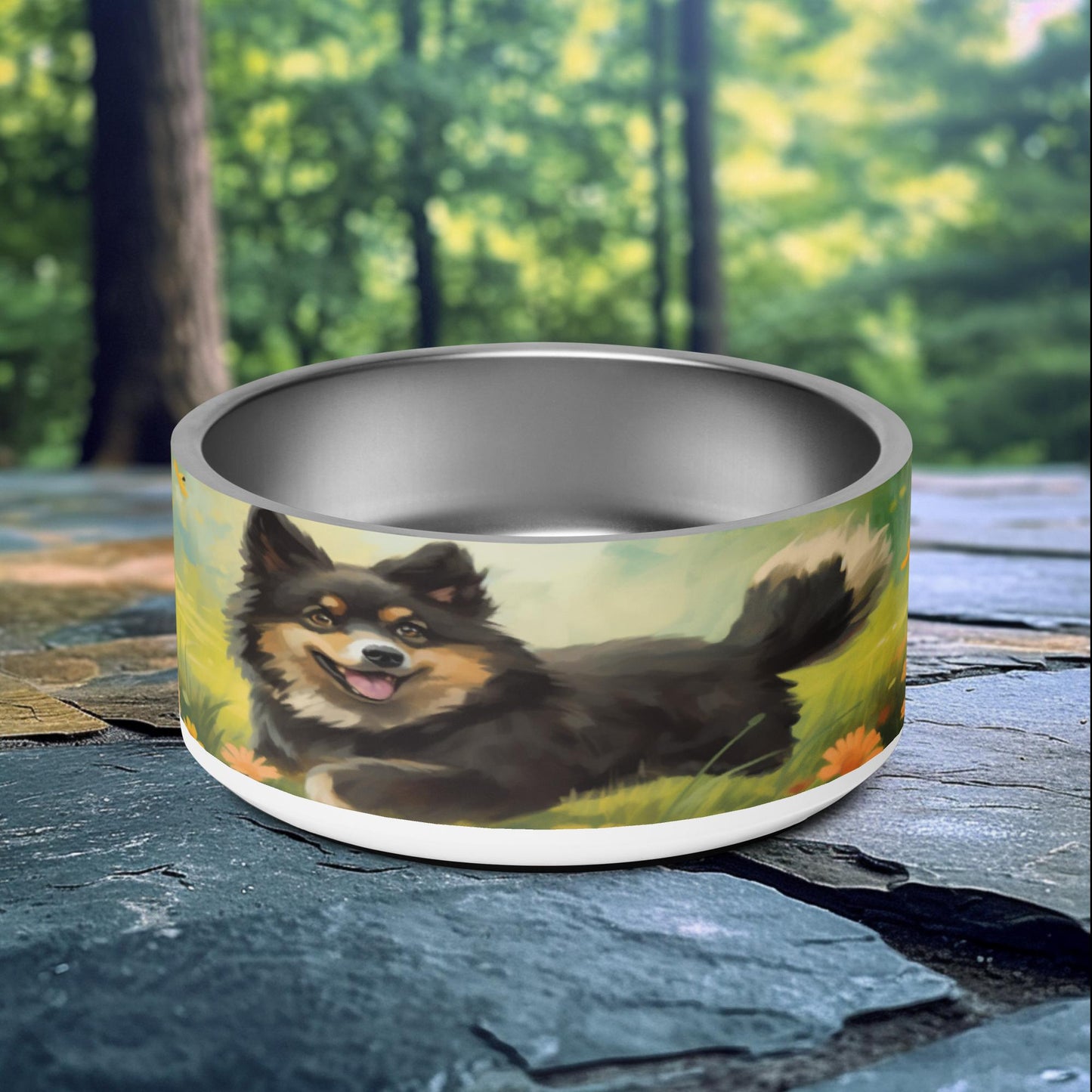 32oz dog bowl with Finnish Lapphund playing in flower field design, perfect for adventurous nature-loving pet owners.