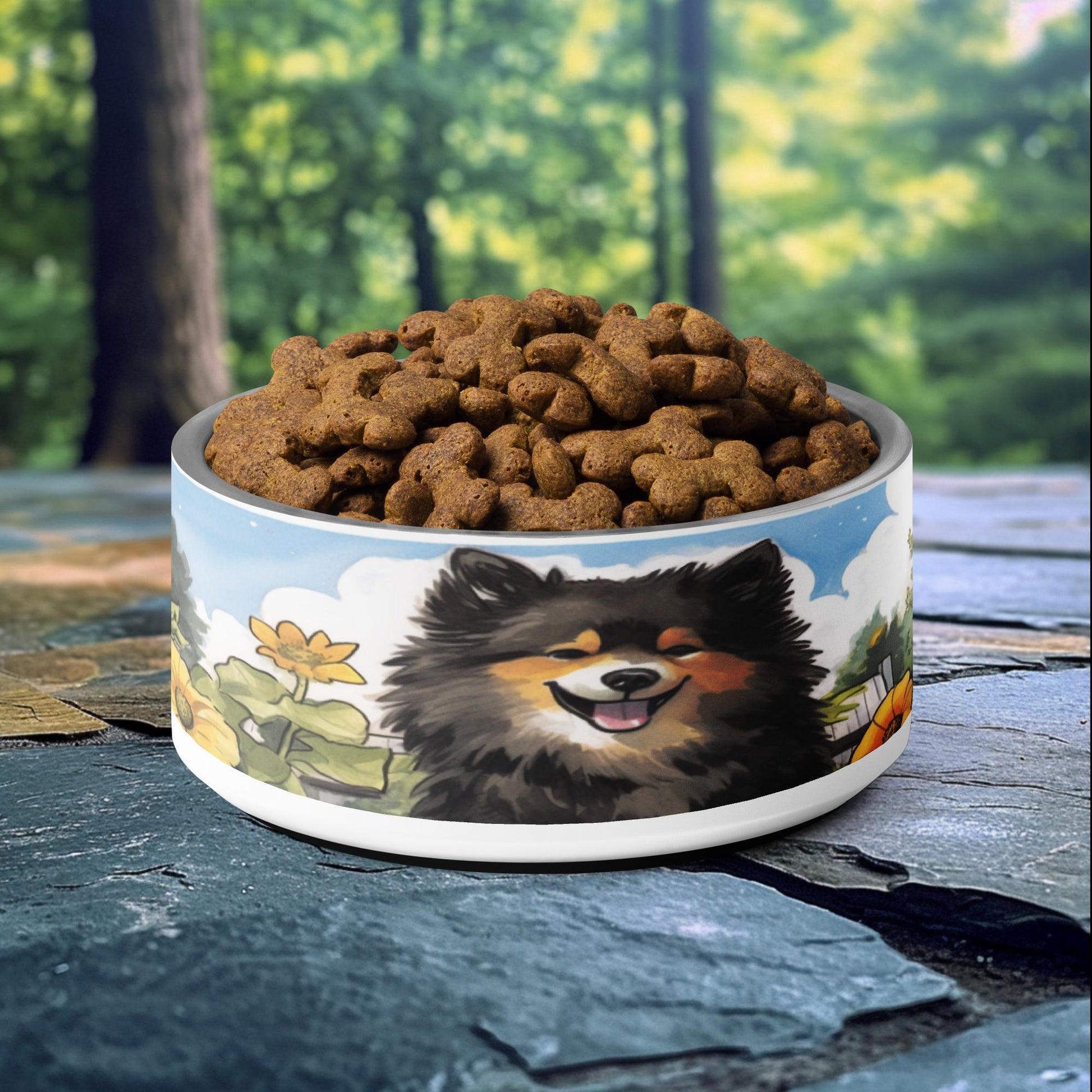 32oz dog bowl with Finnish Lapphund in sunflower garden design, perfect for adventurous and nature-loving pet owners.