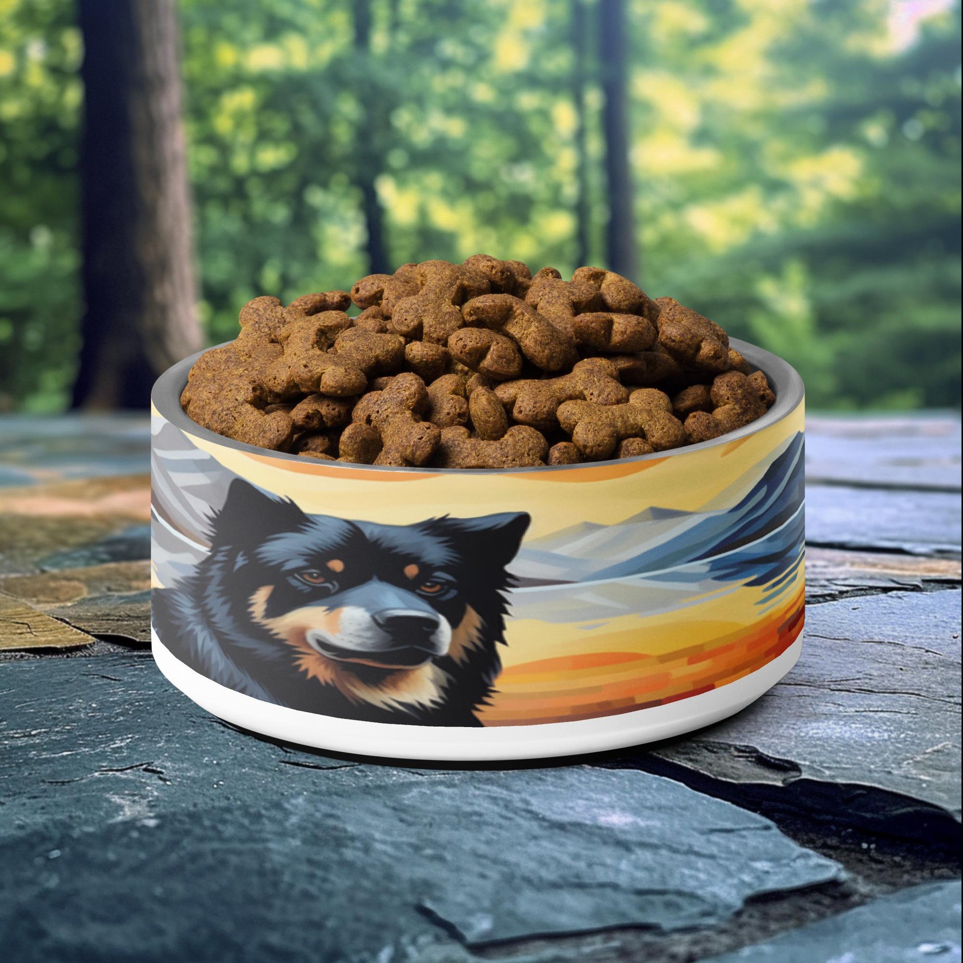 32oz dog bowl with Finnish Lapphund and mountain sunset design, perfect for nature-loving and adventurous pet owners.