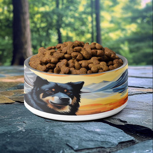 32oz dog bowl with Finnish Lapphund and mountain sunset design, perfect for nature-loving and adventurous pet owners.