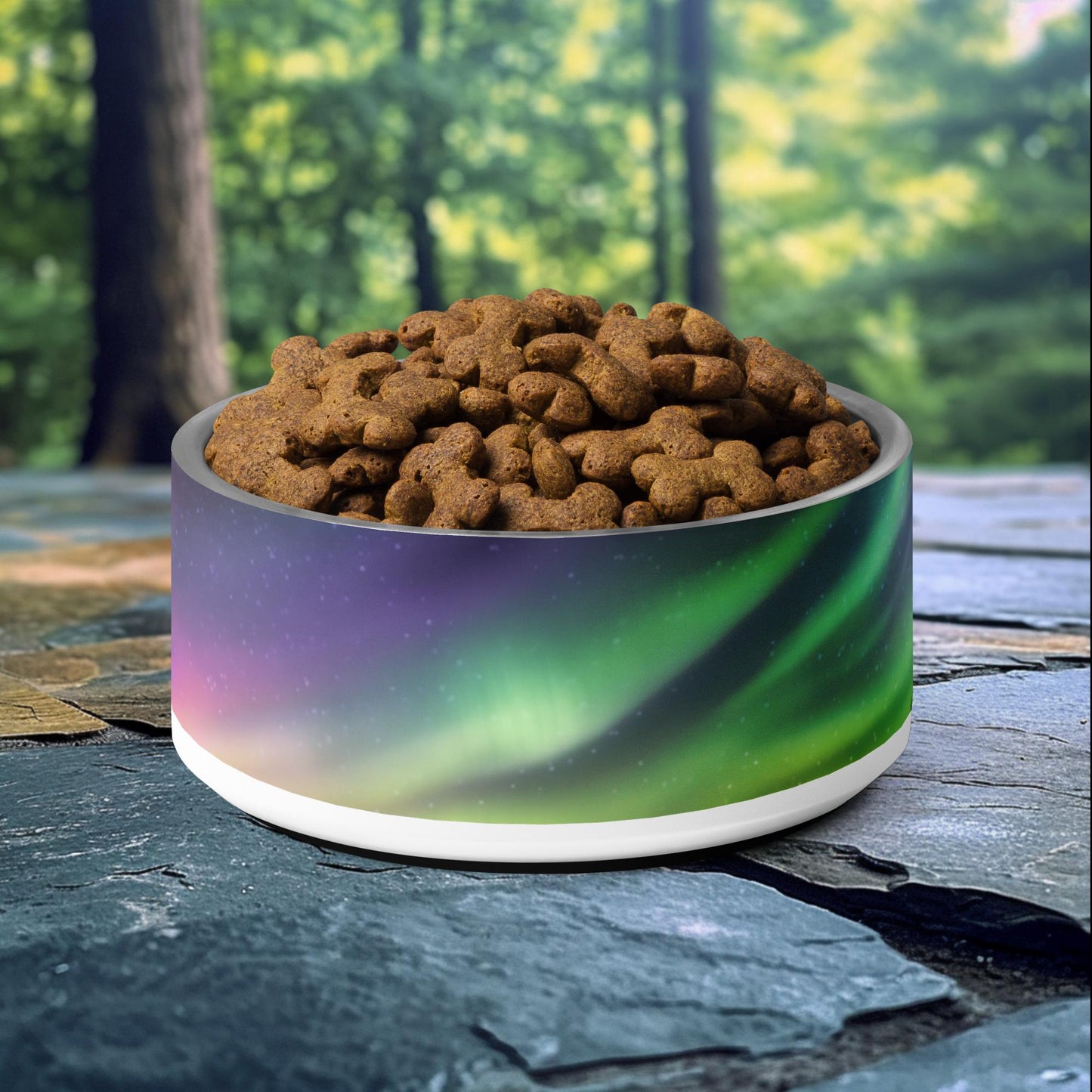 32oz dog bowl with Northern Lights Aurora Borealis design, ideal for adventurous and nature-loving pet owners.