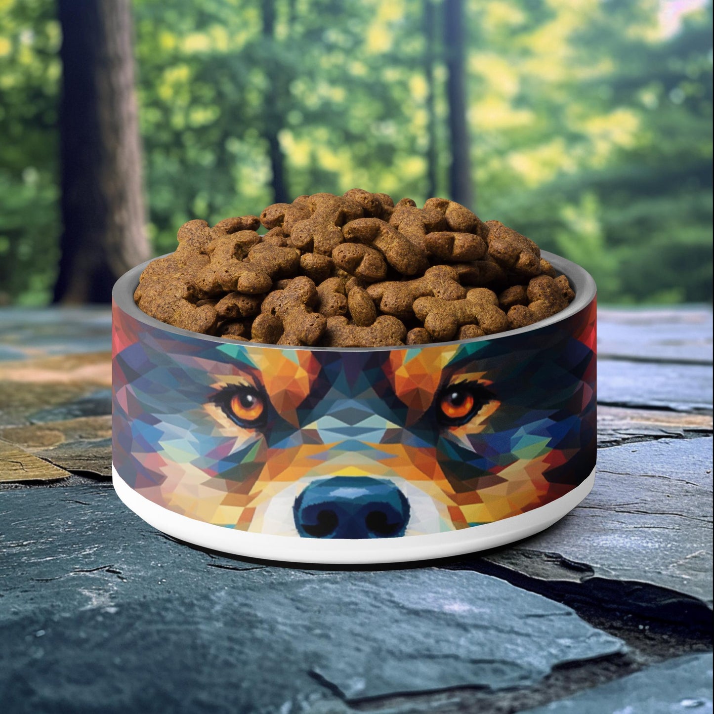 32oz dog bowl with a geometric Finnish Lapphund design, perfect for art-loving, stylish, and adventurous pet owners.