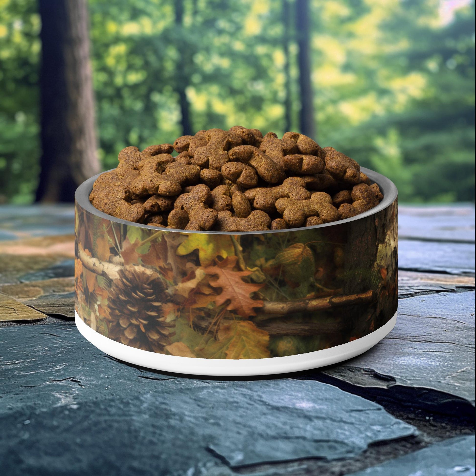 32oz dog bowl with autumn woodland design featuring pinecones and leaves, perfect for nature-loving and adventurous pet owners.