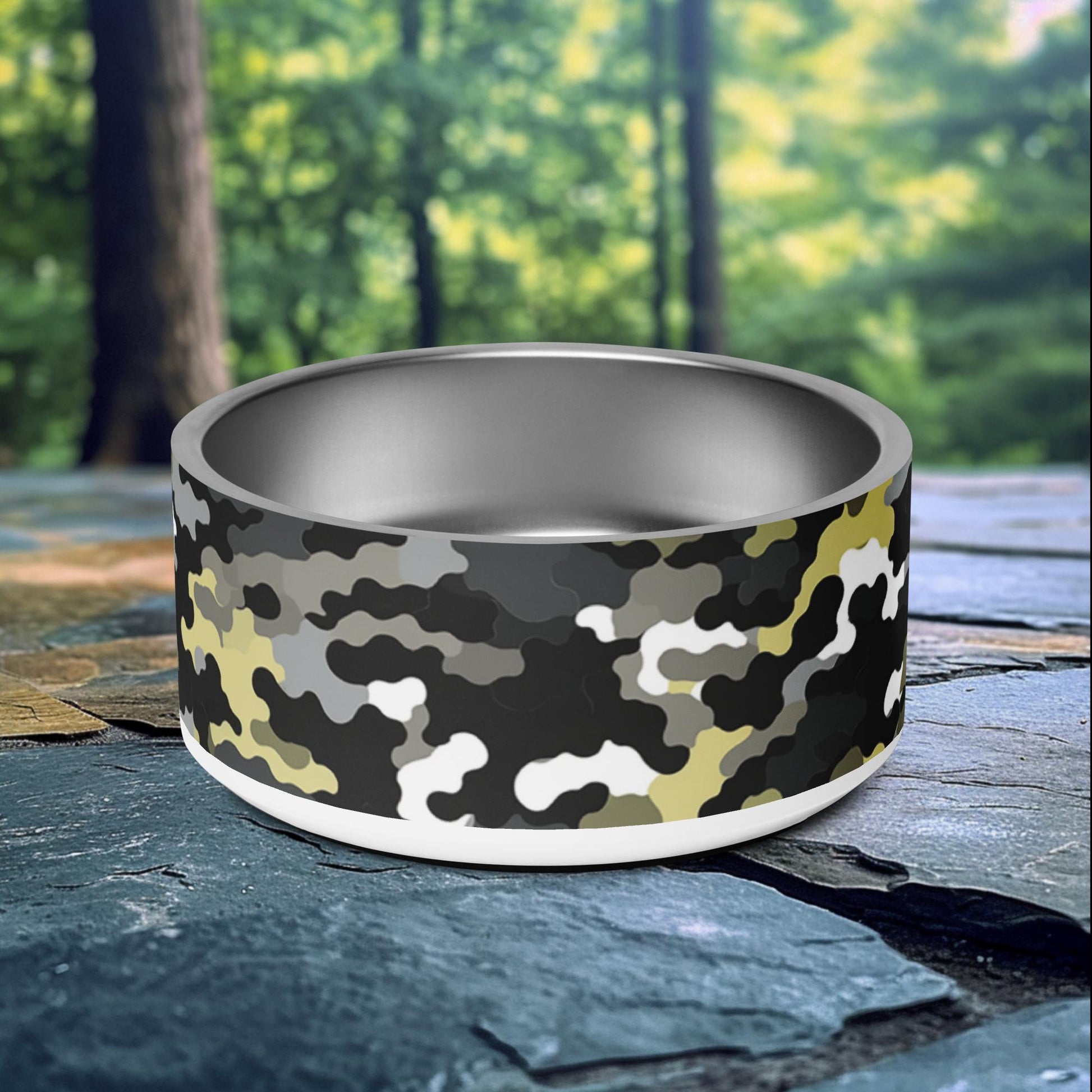 32oz dog bowl with Midnight Wilderness camo design featuring cool gray, white, and yellow tones for adventurous pet owners.