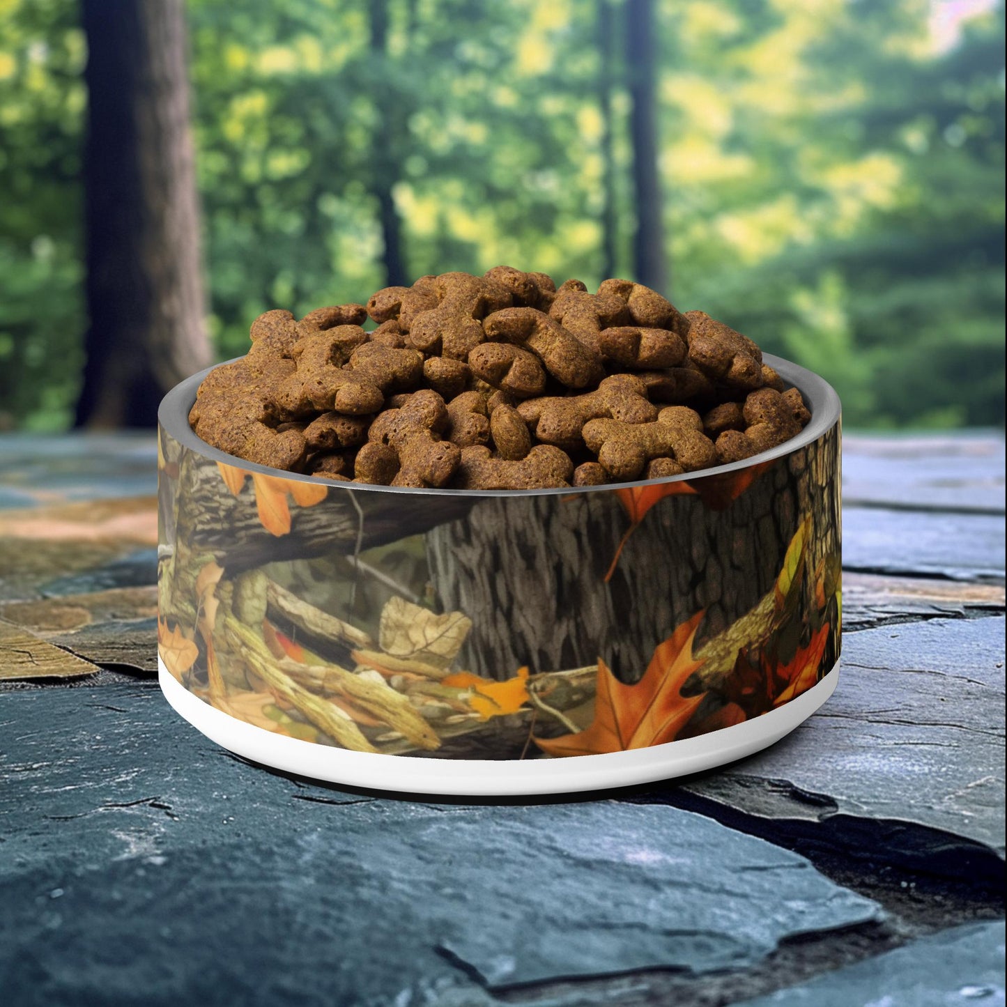 32oz dog bowl with forest floor camouflage design, perfect for adventurous and nature-loving pet owners.