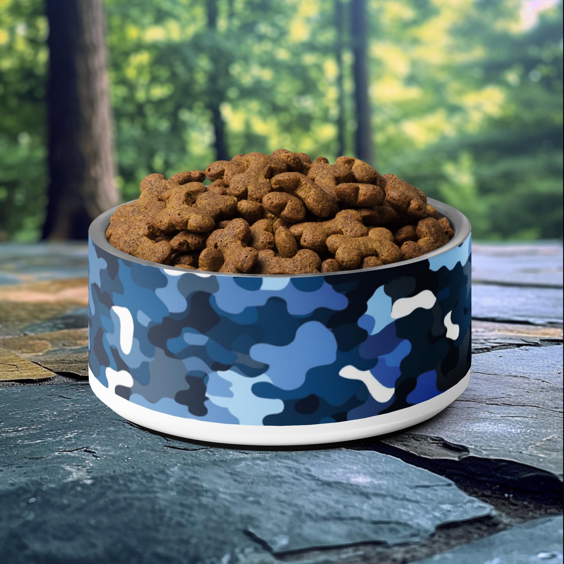 32oz dog bowl with blue ocean camouflage design, perfect for adventurous and nature-loving pet owners.