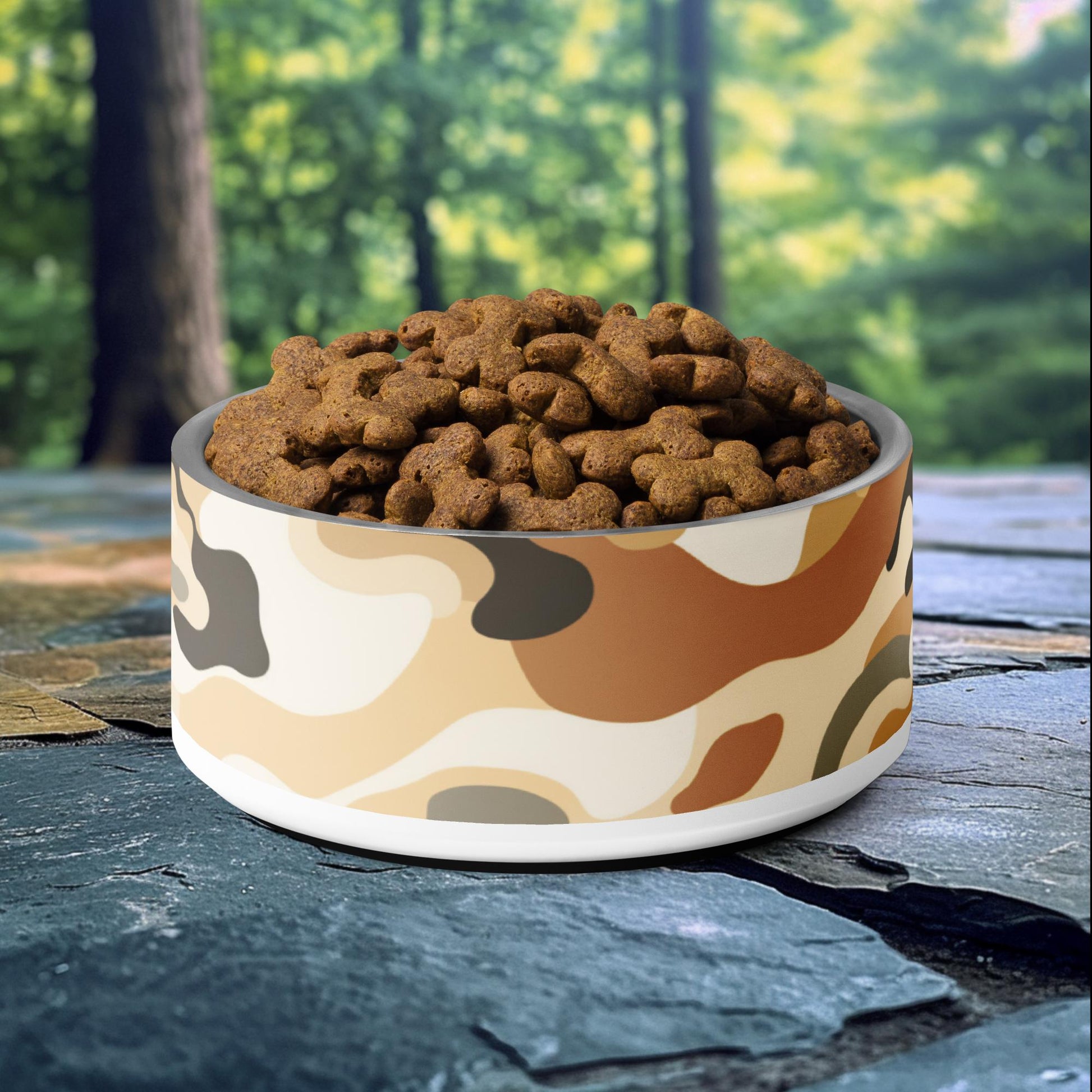 32oz dog bowl with desert sand camouflage design in neutral beige, tan, and brown tones, perfect for nature-loving and adventurous pet owners.