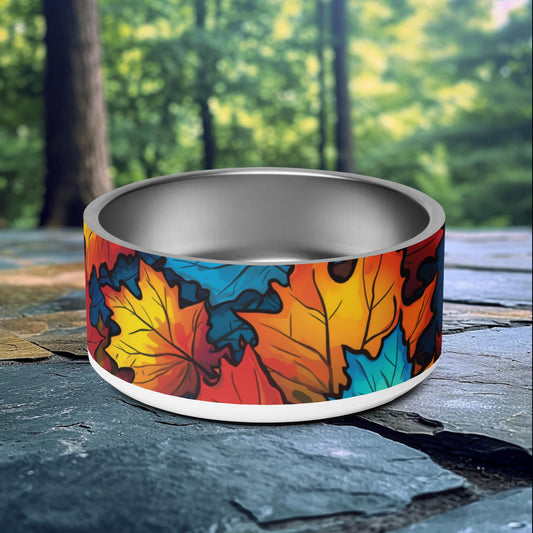 32oz dog bowl with colorful maple leaf design, featuring vibrant autumn shades, perfect for nature-loving and adventurous pet owners.