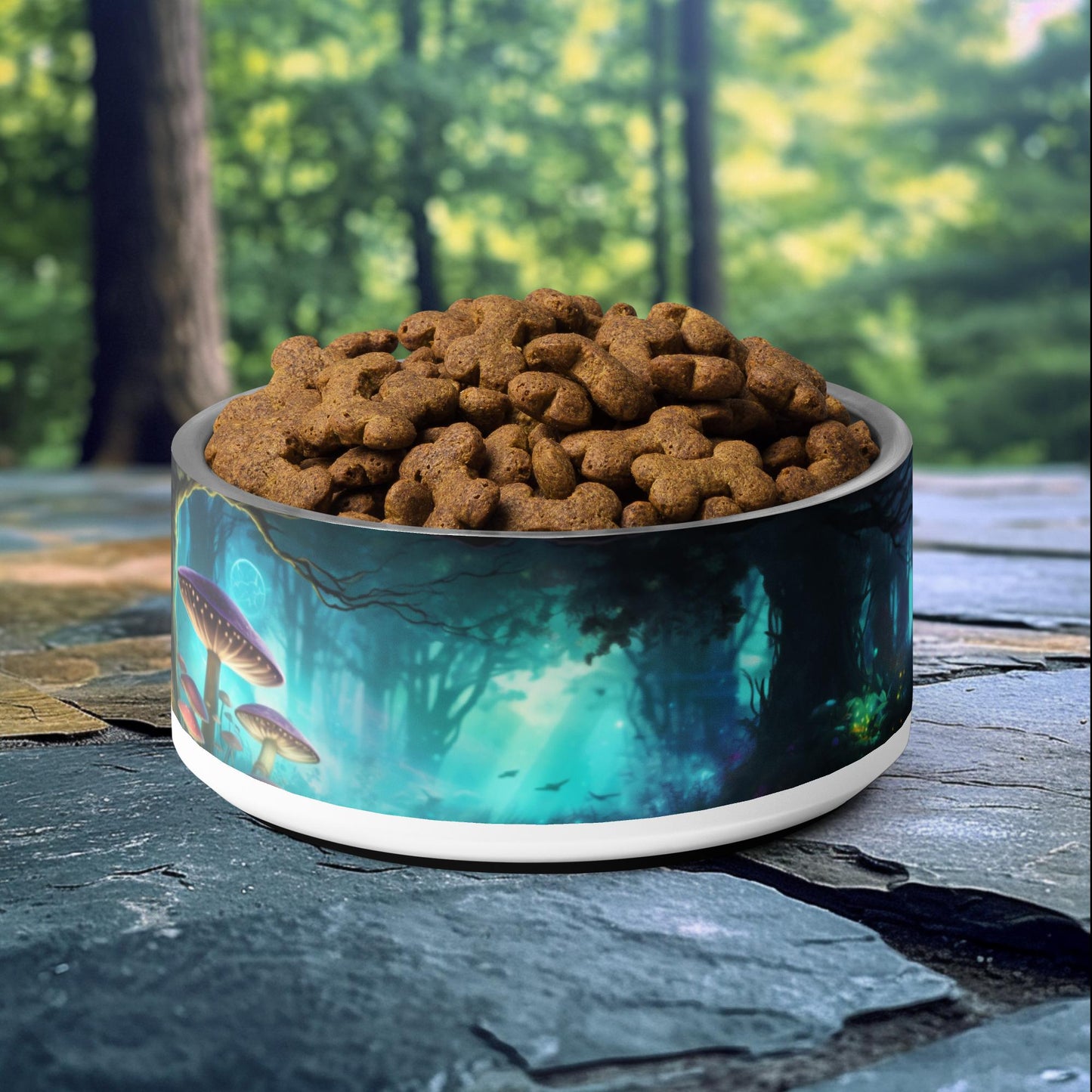 32oz dog bowl with enchanted forest design, featuring deep blue and green tones, perfect for fantasy-loving and adventurous pet owners.