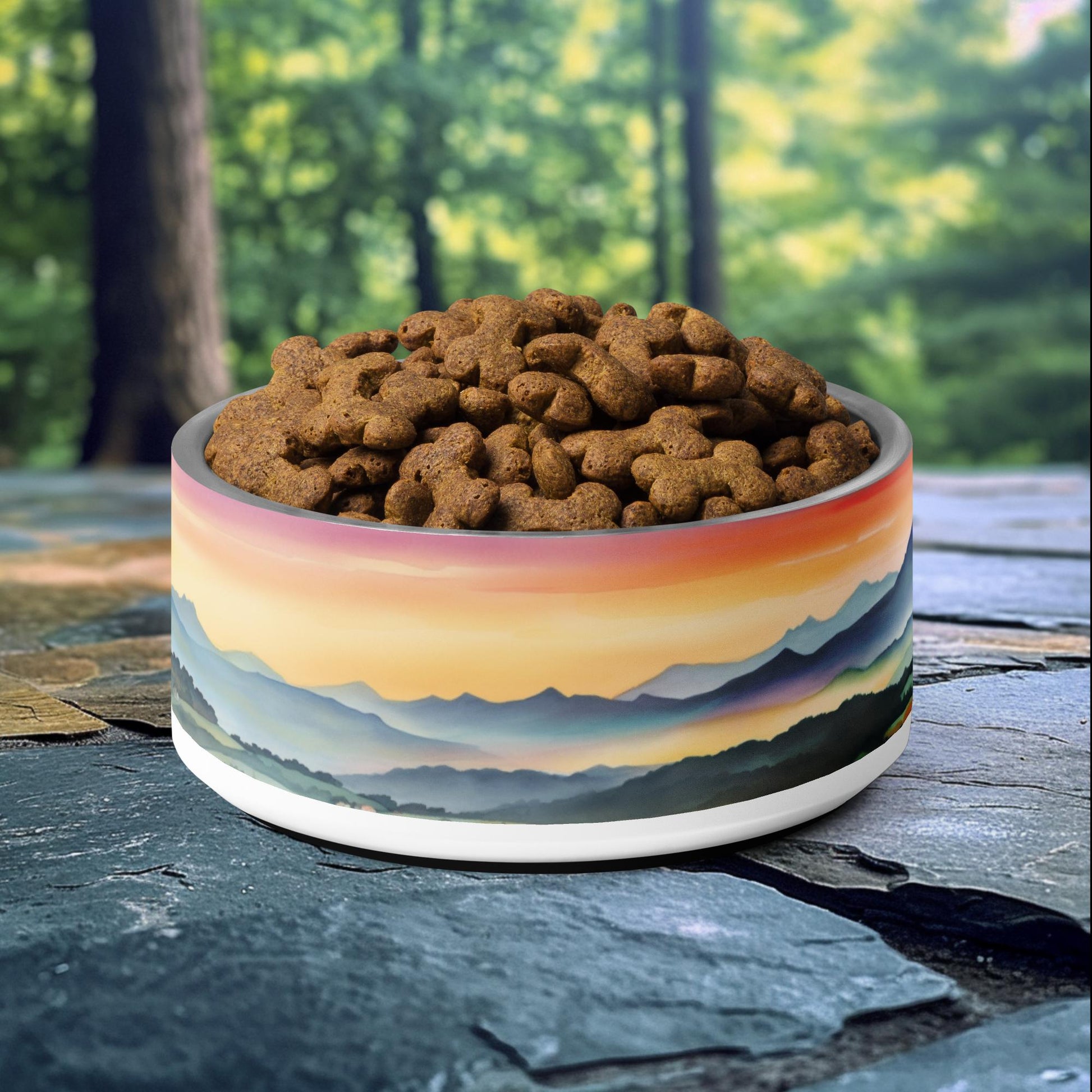 32oz dog bowl with mountain sunset horizon design, featuring soft pastels, perfect for nature-loving and adventurous pet owners.