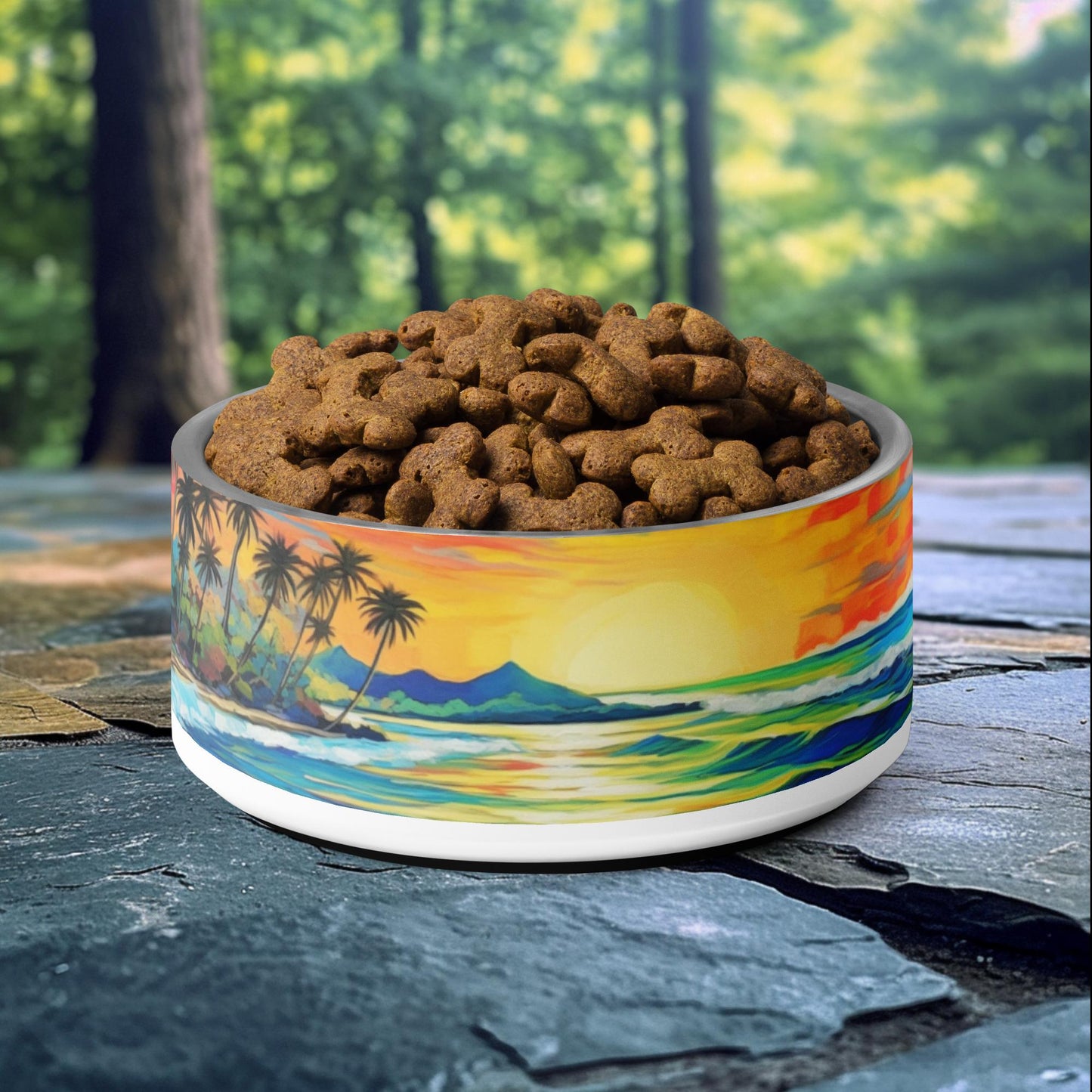 32oz dog bowl with tropical beach sunset design featuring palm trees and ocean waves, perfect for adventurous pet owners.