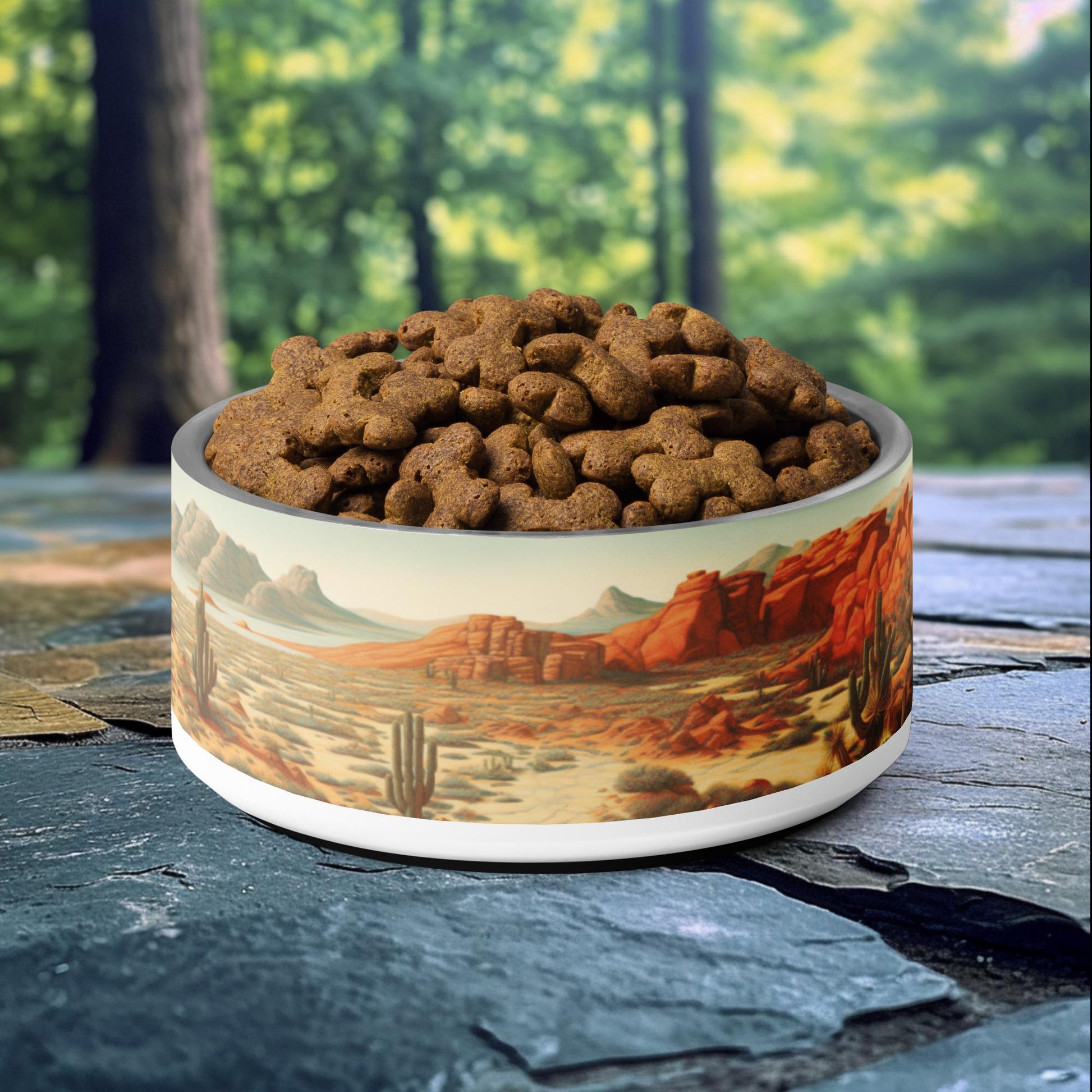 32oz dog bowl with desert canyon landscape design featuring cacti and red rock formations, perfect for adventurous pet owners.