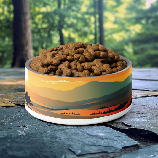 32oz dog bowl with mountain ridge sunset design, perfect for nature-loving and adventurous pet owners.