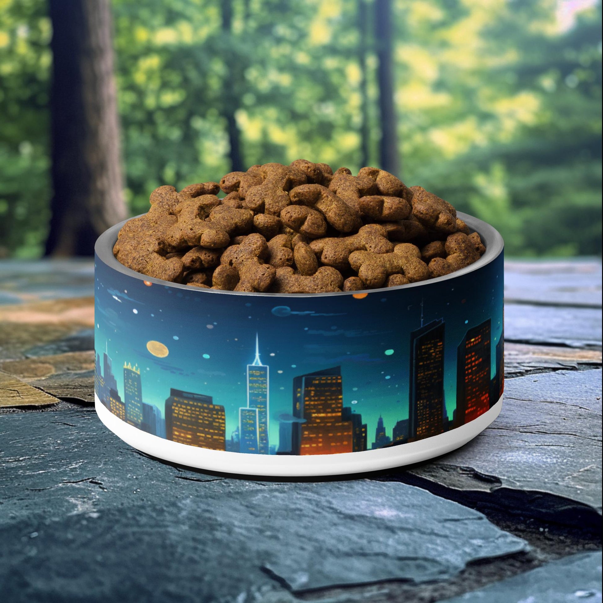 32oz dog bowl with city night skyline design featuring skyscrapers and stars, perfect for urban-loving and adventurous pet owners.