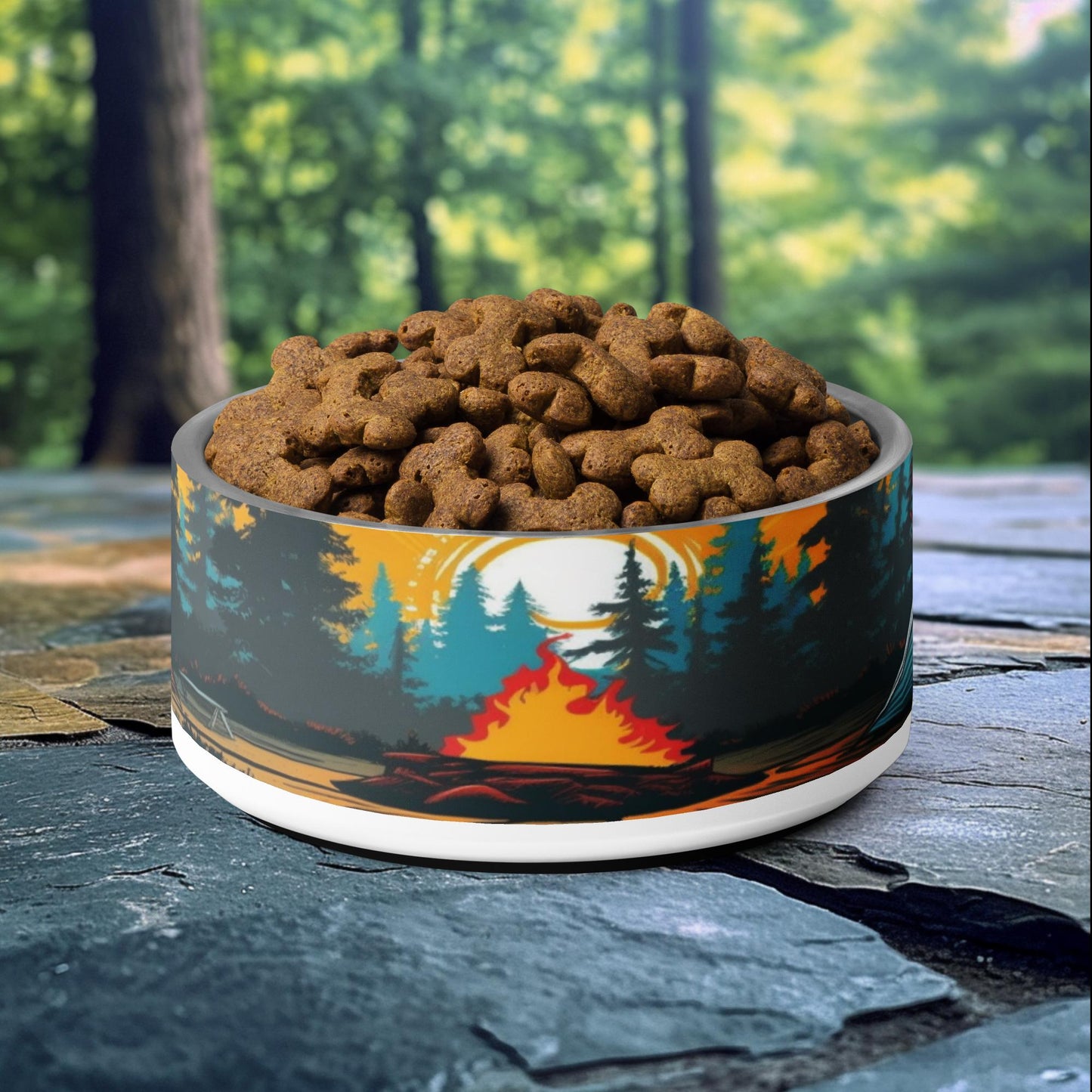 32oz dog bowl with campfire under the stars design, featuring a glowing fire and pine trees, perfect for nature-loving pet owners.