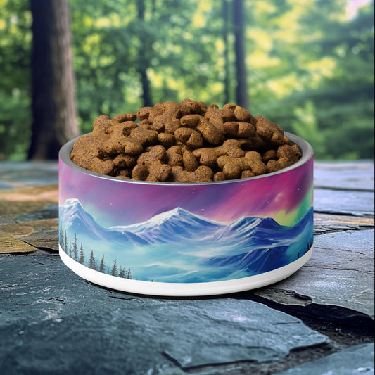 32oz dog bowl featuring an Aurora Mountain Dreamscape design, perfect for pets and owners inspired by natural beauty.