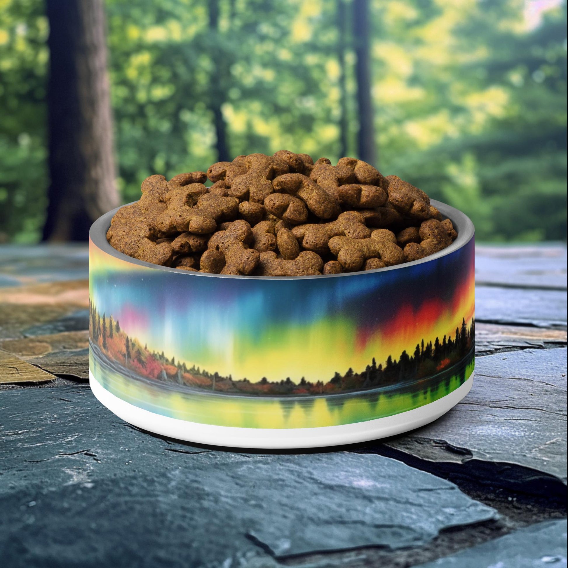 32oz dog bowl with aurora borealis reflection design, featuring vibrant colors and a serene lake, perfect for nature-loving pet owners.