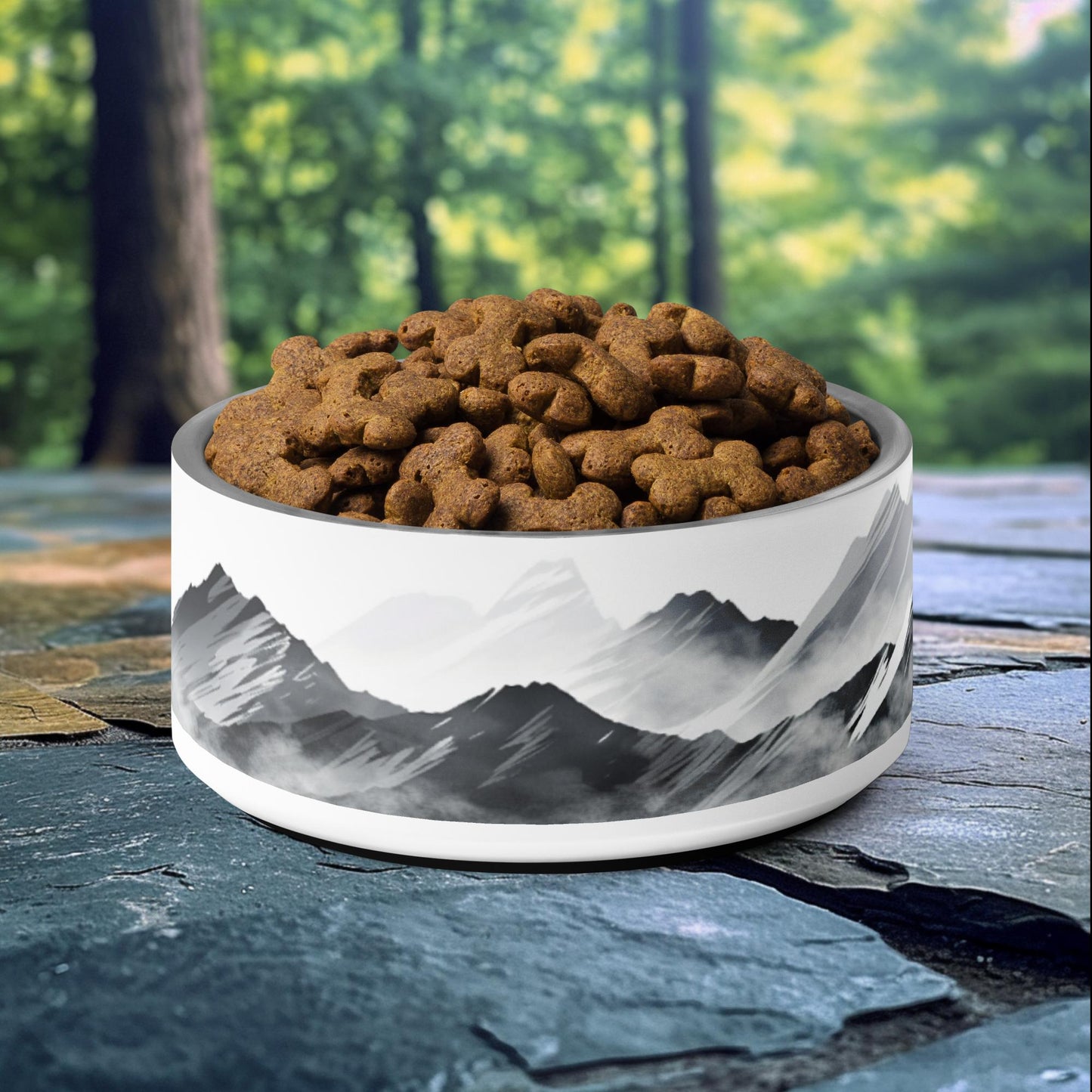 32oz dog bowl featuring a monochrome mountain range design, perfect for nature-loving and adventure-seeking pet owners.