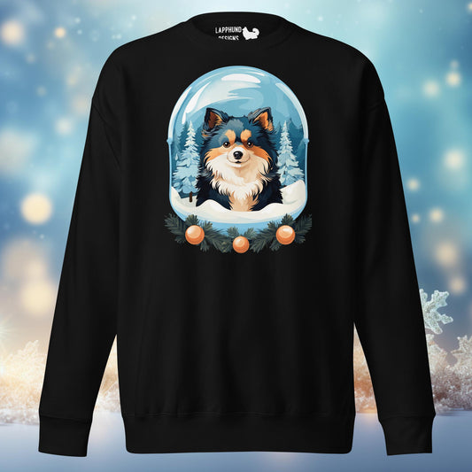 Winter Wonderland Finnish Lapphund sweatshirt featuring a Lapphund in a snow globe design, ideal for cozy holiday moments.