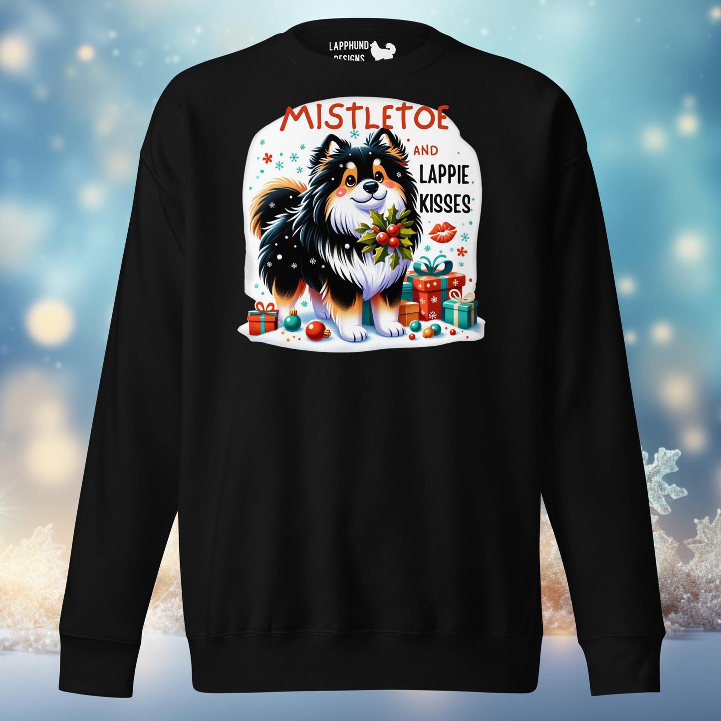 Mistletoe & Lappie Kisses Christmas Sweatshirt featuring a festive Finnish Lapphund, ideal for holiday celebrations.