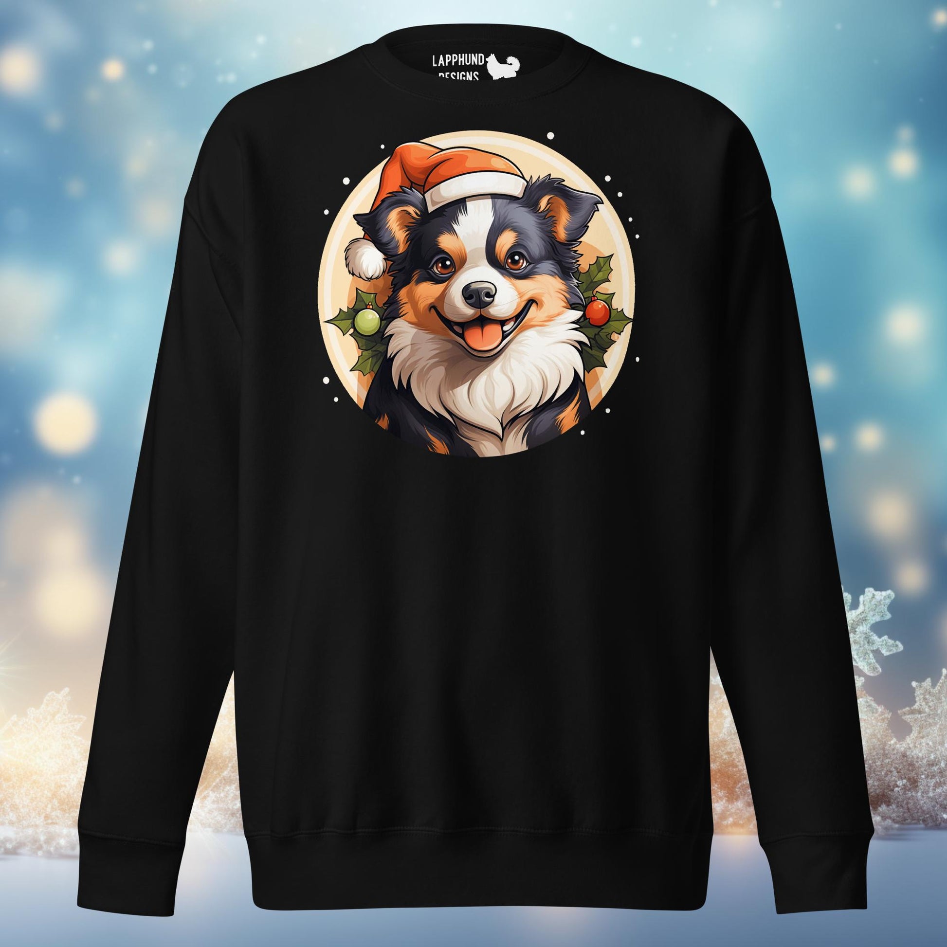 Festive Finnish Lapphund Holiday Sweatshirt featuring a Lapphund with a Santa hat and holly, ideal for Christmas celebrations.