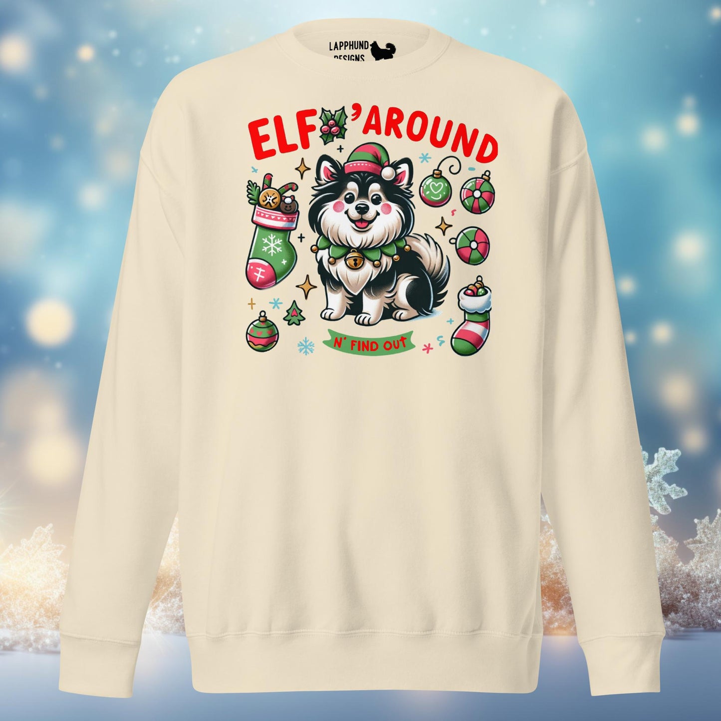 Elf 'Round Lapphund Christmas sweater featuring a festive Lapphund elf surrounded by holiday ornaments, perfect for Christmas celebrations.