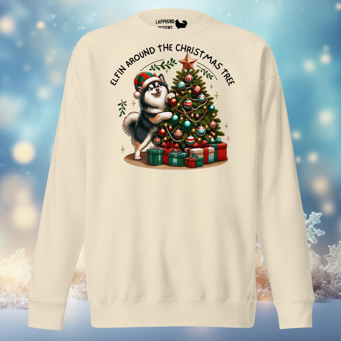 Elfing Around the Christmas Tree Finnish Lapphund sweatshirt featuring a Lapphund decorating a tree, perfect for festive holiday celebrations.