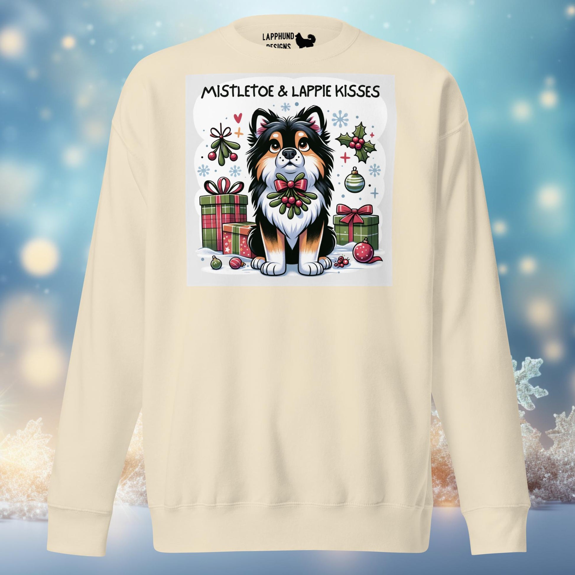 Mistletoe & Lappie Kisses Finnish Lapphund Christmas sweatshirt featuring a playful Lapphund under the mistletoe, surrounded by gifts.