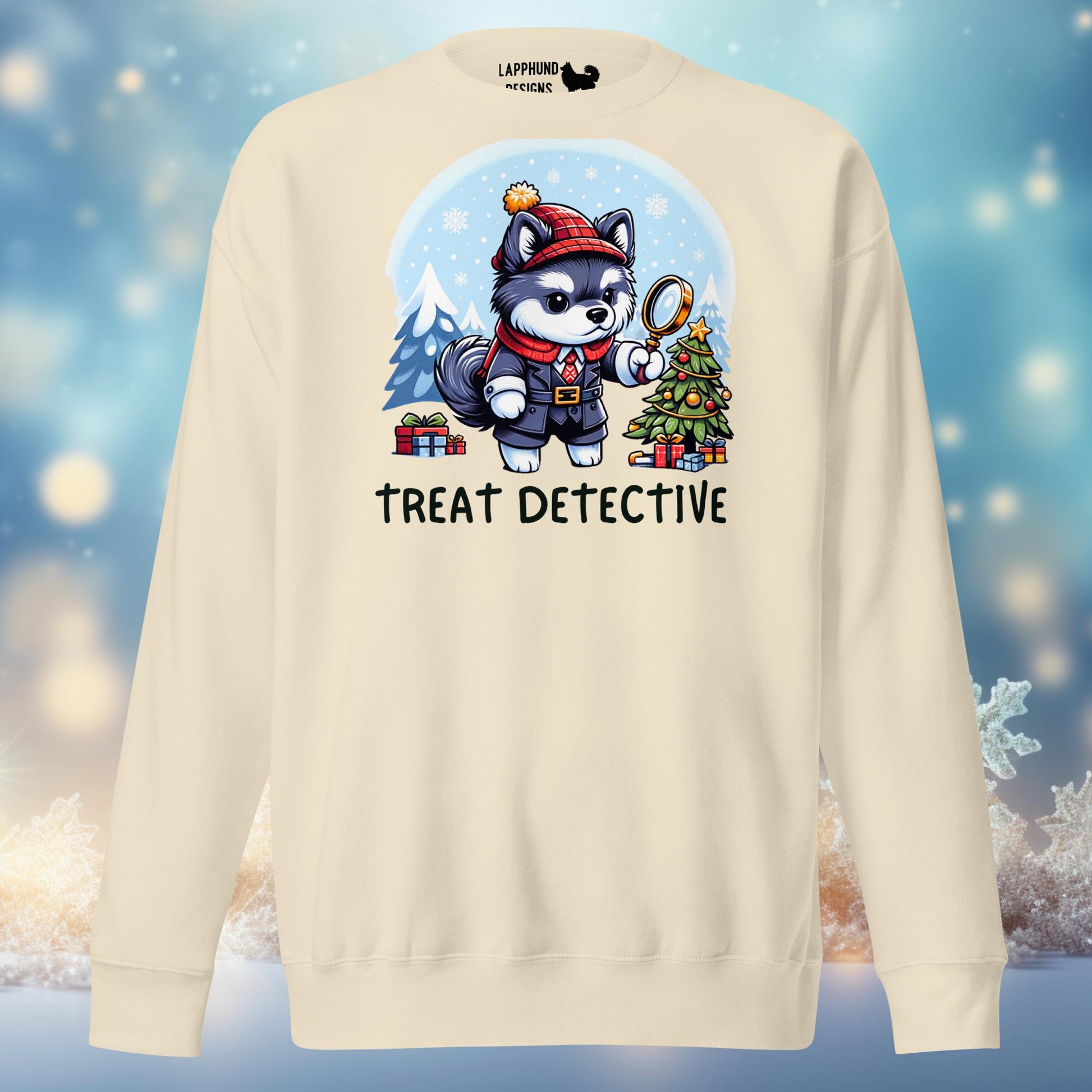 Treat Detective Finnish Lapphund Christmas sweatshirt featuring a Lapphund investigating holiday treats in a snowy winter scene.