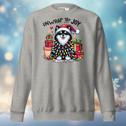 Winter Wonderland Finnish Lapphund sweatshirt featuring a Lapphund in a snow globe design, ideal for cozy holiday moments.